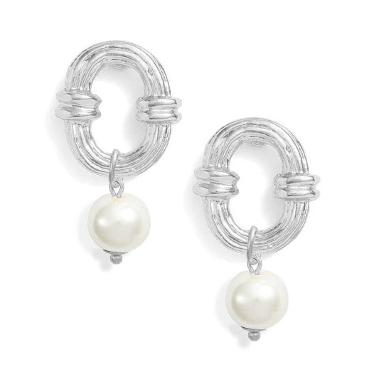 KARINE SULTAN - Ornamented link with creamy white genuine fresh pearl drop: Silver