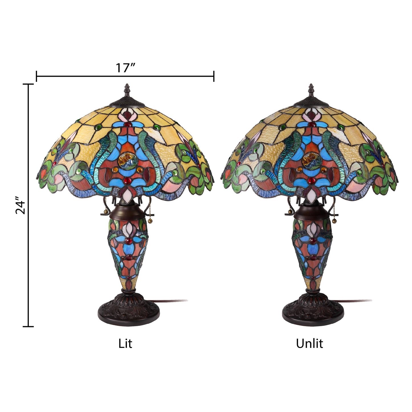 River of Goods - 24"H Double Lit Amber Tiffany Style Stained Glass Table Lamp