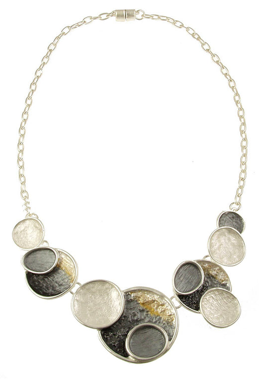 Origin Jewelry - Textured Silver Organic Shape Disc Statement Necklace:: Grey Gold White