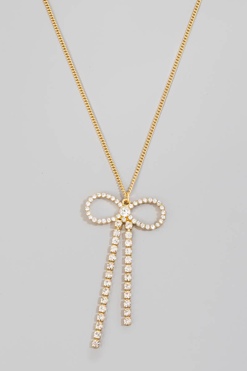The Looks by Fame Accessories - Rhinestone Ribbon Bow Pendant Chain Necklace: GDCR