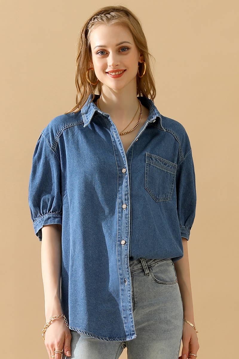 NINEXIS - CWJT0001-B_SHORT PUFF SLEEVE BUTTON DOWN DENIM SHIRTS: DENIM / (S) 1