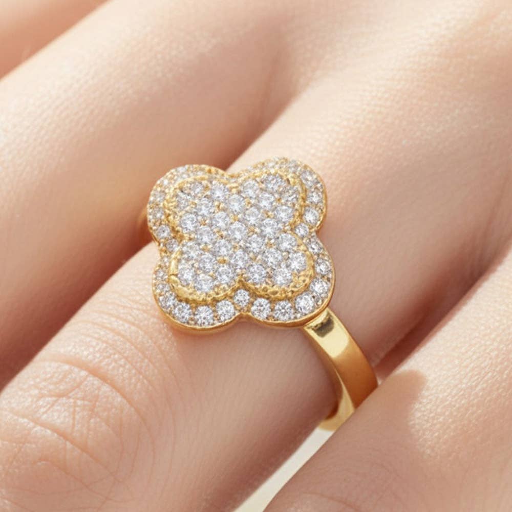 Sensibling Corp. - Gold Dipped CZ Stone Paved Quatrefoil Adjustable Ring: Clear,Rhodium