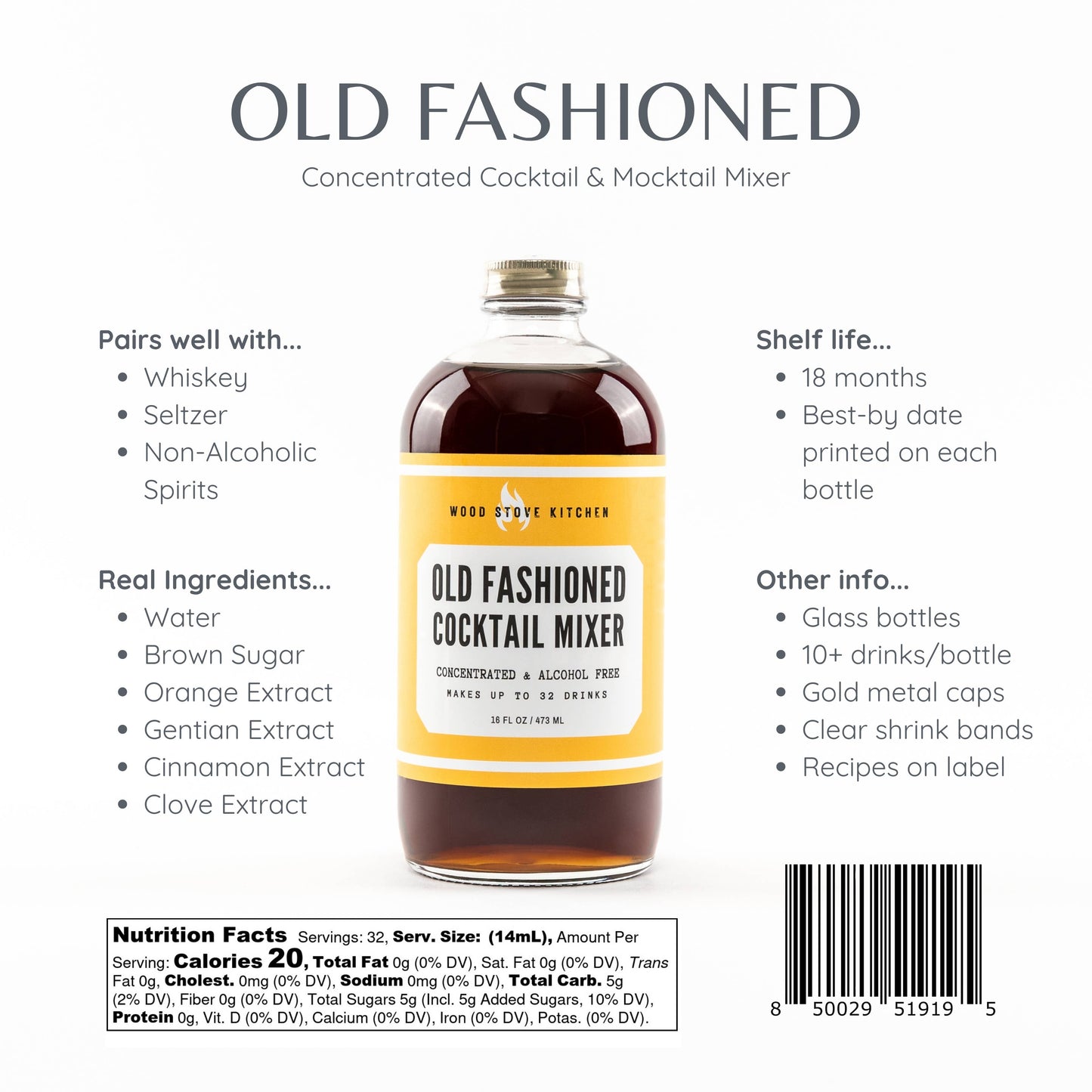 Wood Stove Kitchen - Old Fashioned Cocktail Syrup, 16 fl oz - for Cocktails and M