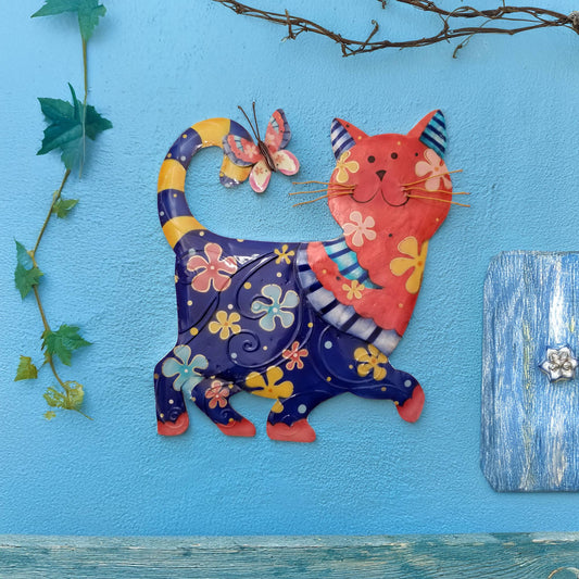 Eangee Home Design - Cat Wall Decor Blue And Red, Capiz & Metal, Outdoor Safe