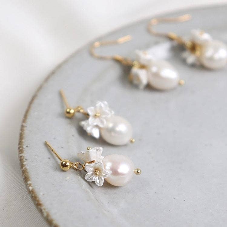 Haengseongworkshop - 18K Gold Plated Freshwater Pearls with Flower Beads Earrings: Dangle