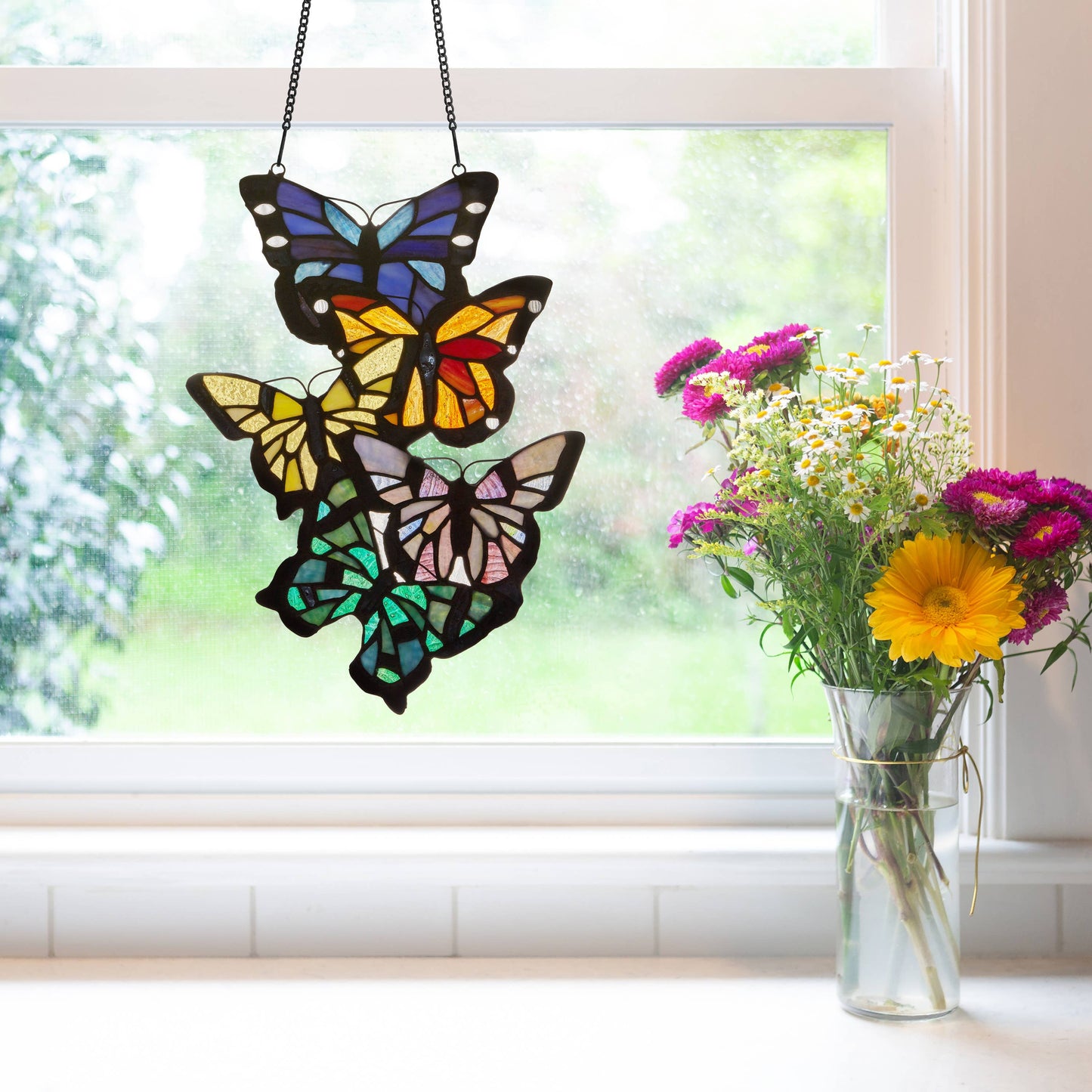 River of Goods - 13.25"H Butterfly Cluster Stained Glass Window Panel