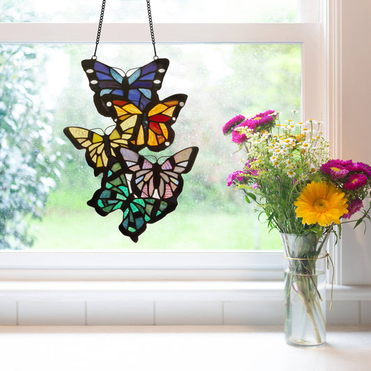 River of Goods - 13.25"H Butterfly Cluster Stained Glass Window Panel