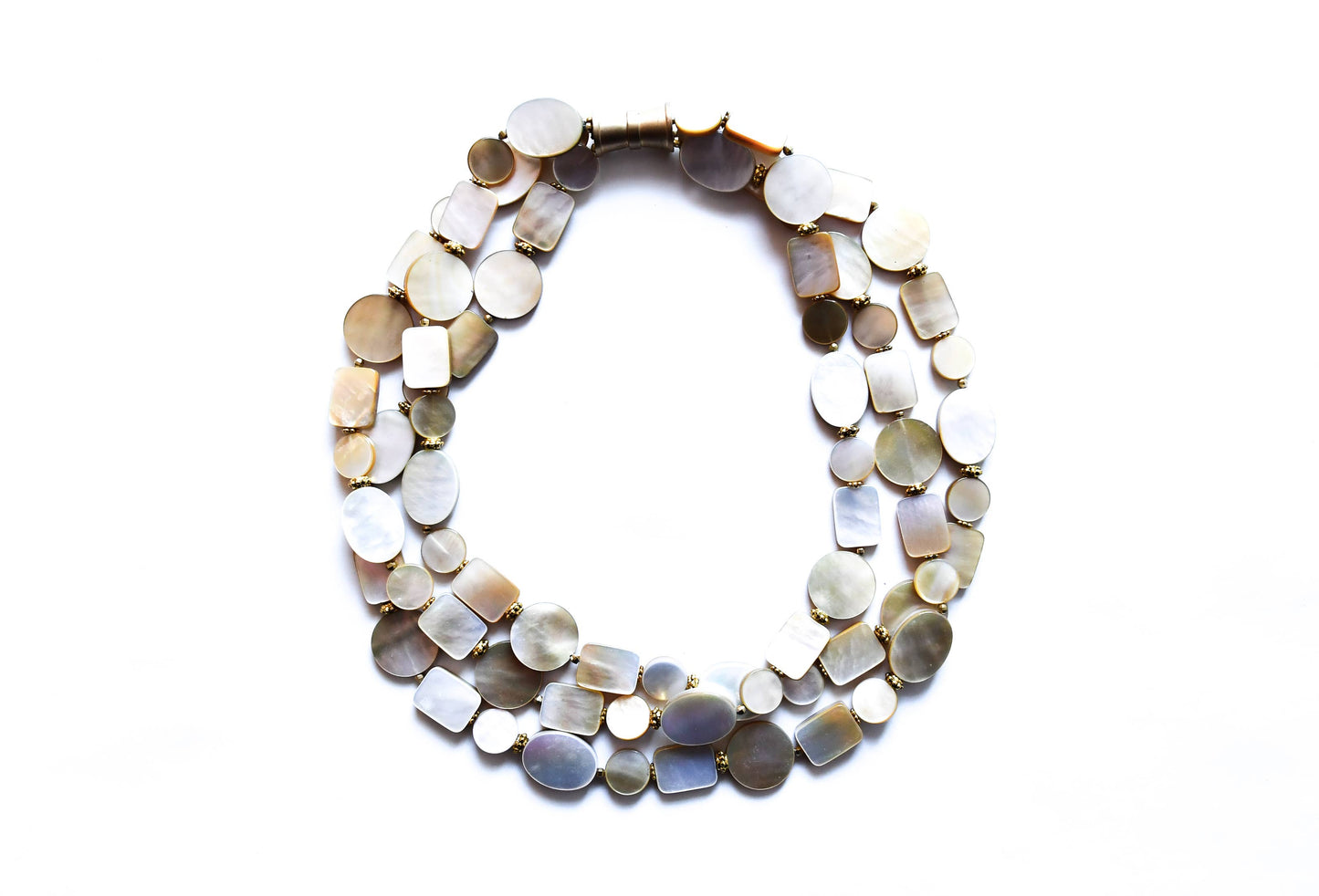Sea Lily - SH46A - Beige Mop 3 Strand Necklace With Oval And Round And