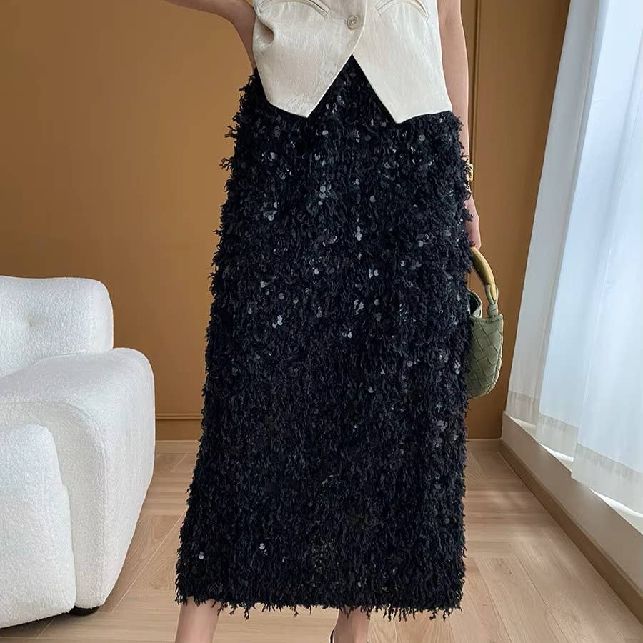 PEACH ACCESSORIES - Sequins Fringe Midi Skirt SK1199: Beige