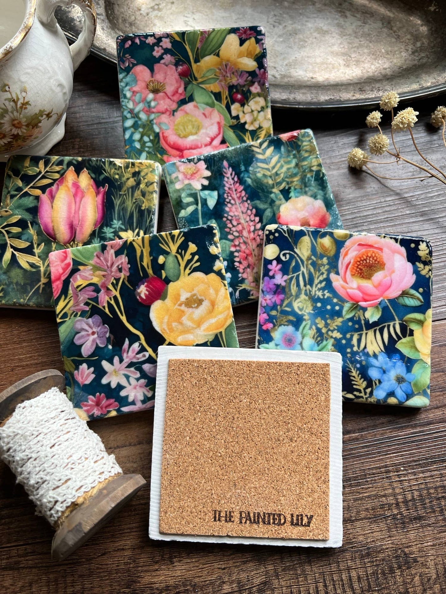 The Painted Lily - Watercolor Garden Midnight stone coasters - case of 6