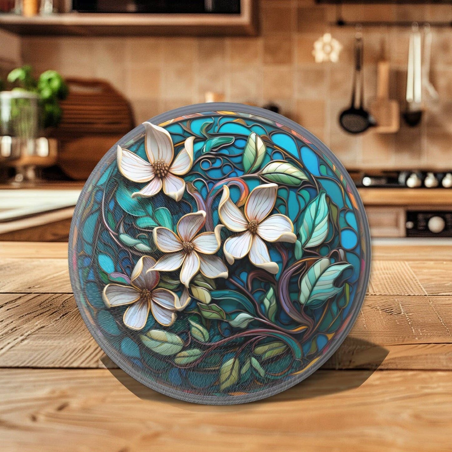 Fernville Creations - Magnolia Glass Cutting/Charcuterie Board & Kitchen Trivet: 12 Inch