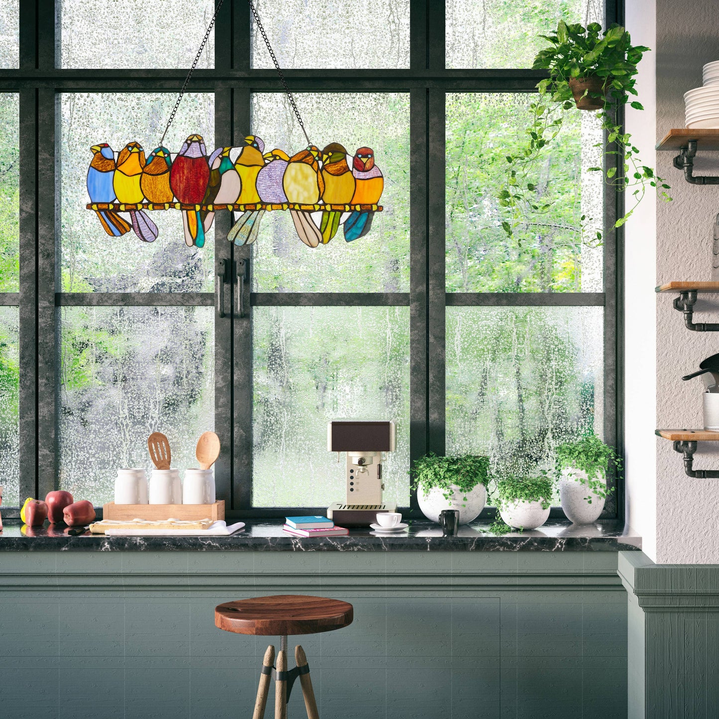 River of Goods - 9.5"H Marisol Multicolor Birds Stained Glass Window Panel