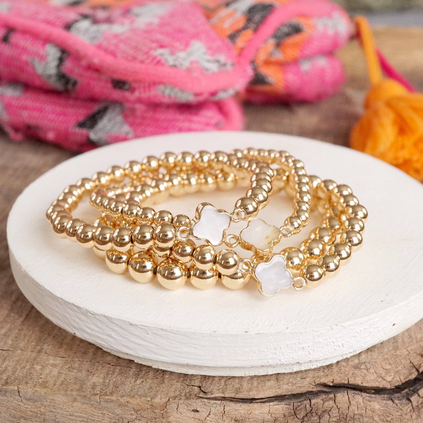 PennyLine inc - Clover Gold-Tone Ball Beads Bracelet Stack – Mother of Pearl Quatrefoil