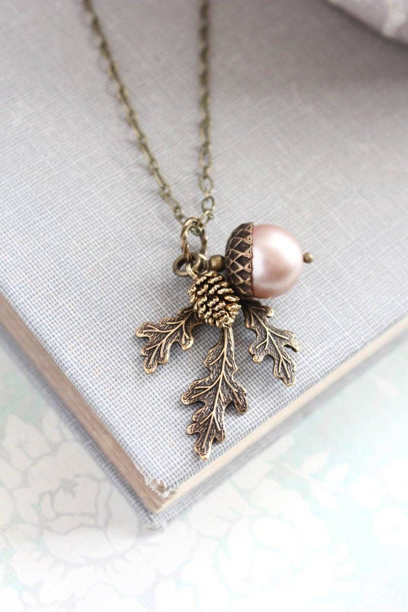 A Pocket of Posies - Brown Acorn Necklace -  - ANTIQUED BRASS: 3. Ivory Cream / 18 inches