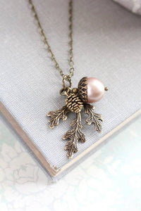 A Pocket of Posies - Brown Acorn Necklace -  - ANTIQUED BRASS: Chocolate Brown / 18 inches