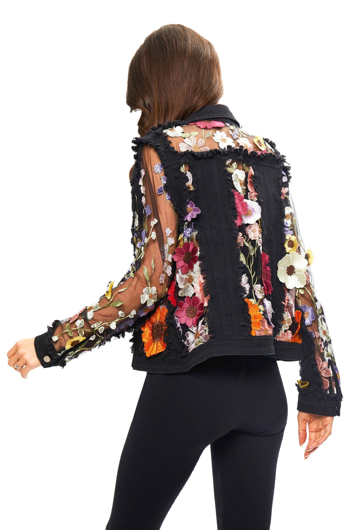 Adore - 2406B Black Denim Lace Jacket with Floral Embroidery: Black / XL