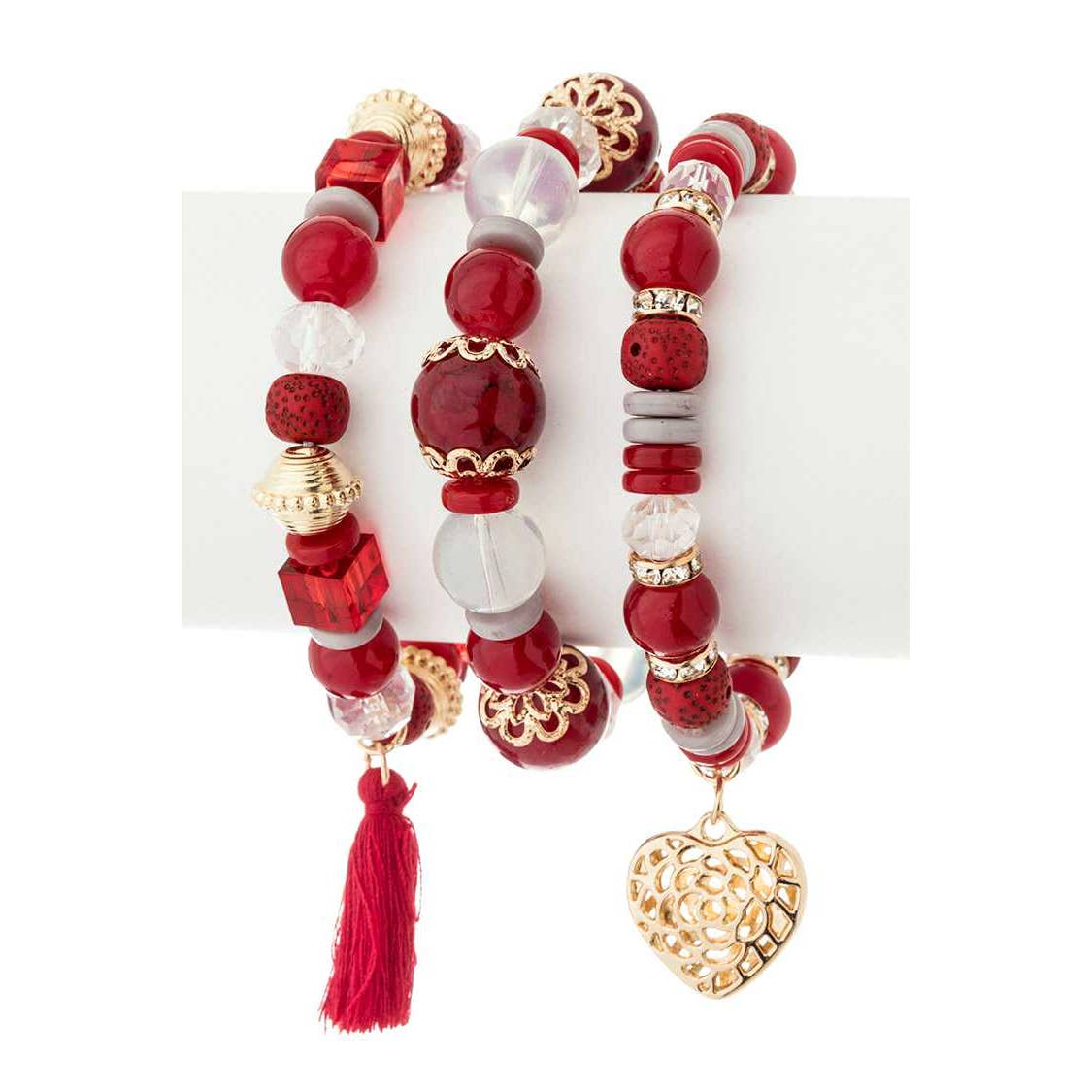 Artini Accessories - Heart Charm Stretch Bracelet Set: Brown