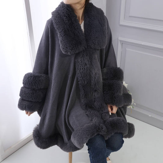 PEACH ACCESSORIES - PE370 faux fur trimmed snuggling CAPE: Gray