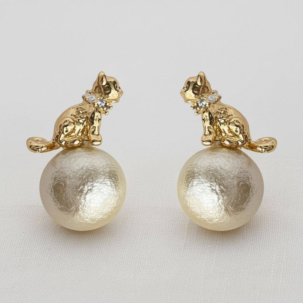 Ellemadera - Artisan Egyptian Cat Pearl Stud Earrings