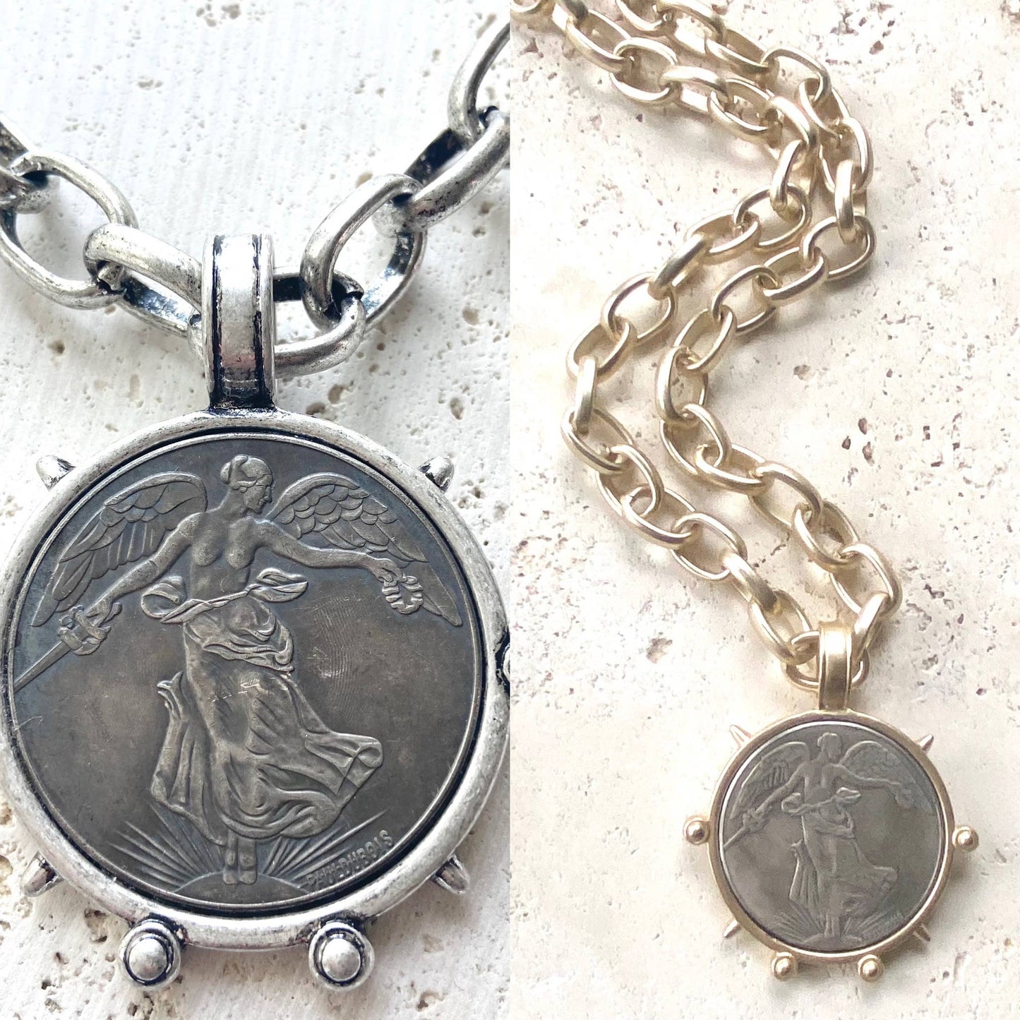 VB&CO Designs Handmade Jewelry - Medallion French Angel coin necklace boutique  jewelry: Matte gold