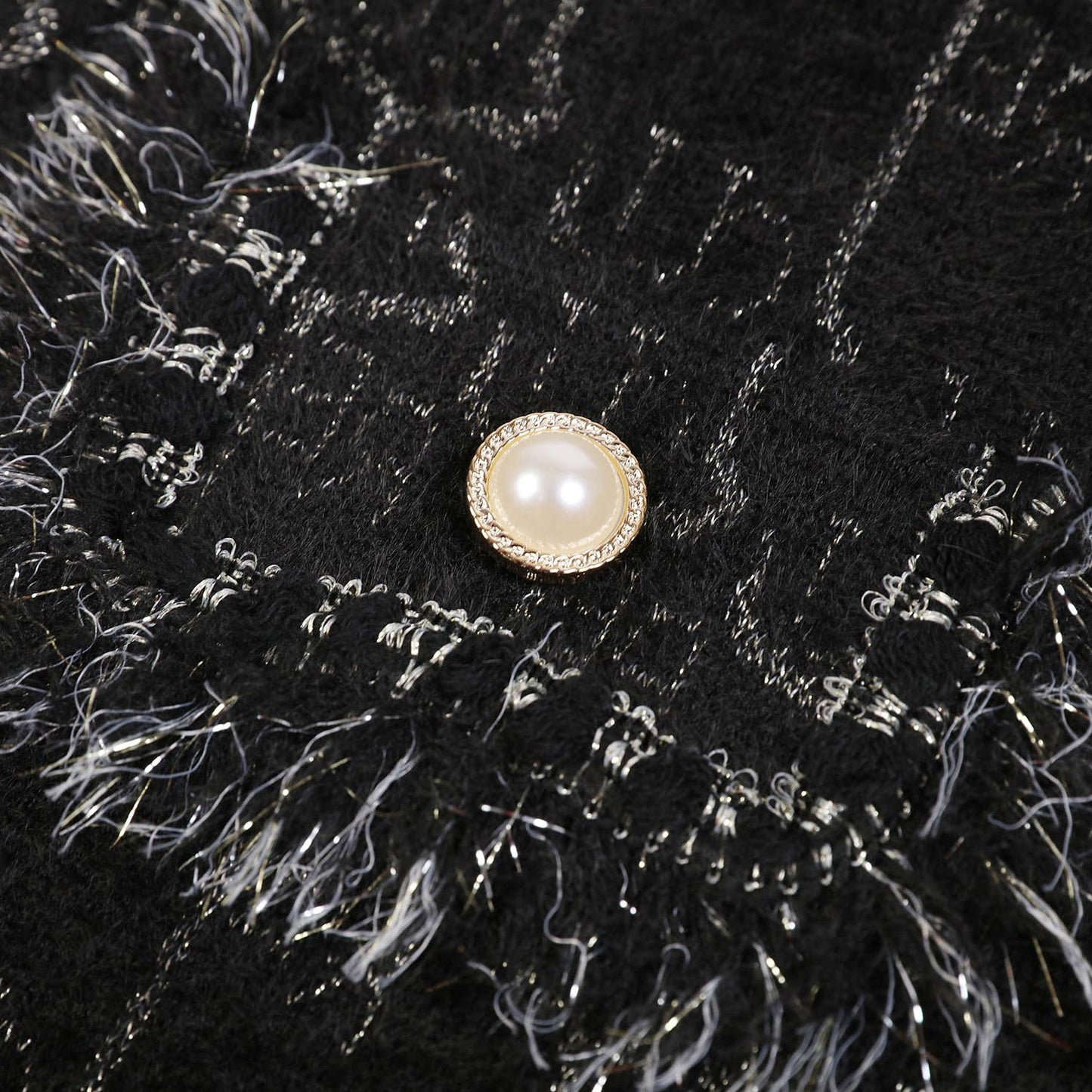 PEACH ACCESSORIES -  Elegance Bouclé Cardigan with Pearl Accents SD190: Black