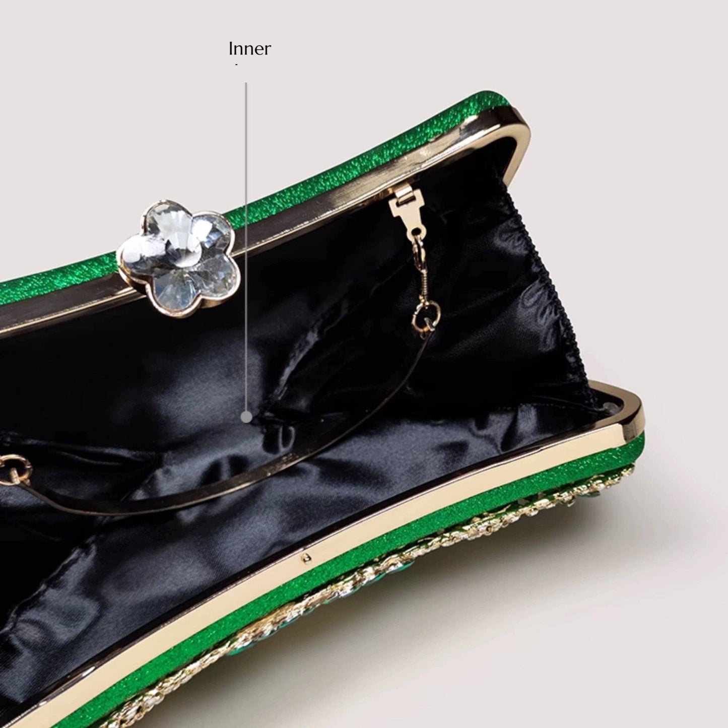Cici’De Jewelry Amsterdam - Emerald Green Dazzling Half Moon Clutch - Gold Flower Frame