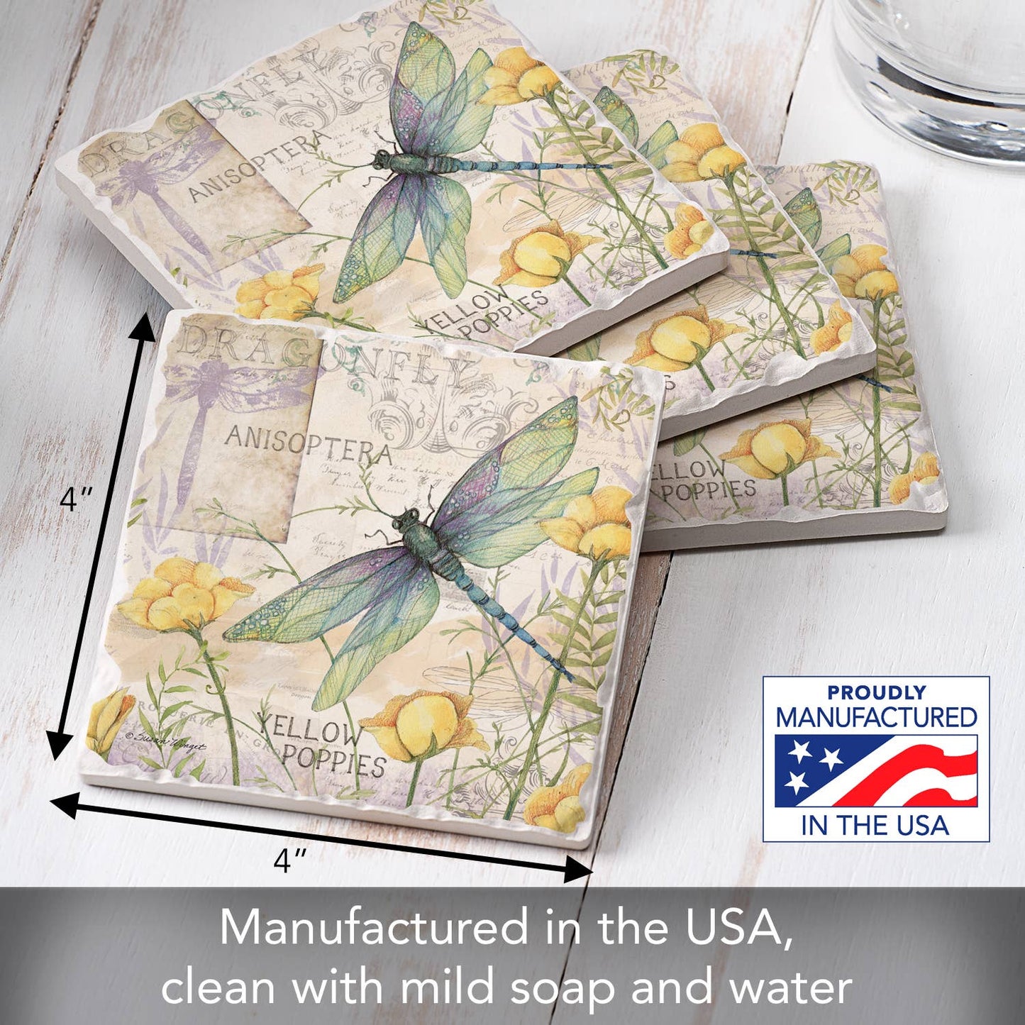 CounterArt/Highland Home/Thirstystone - "Dragonfly Poppies" 4 Pack Tumbled Tile Coasters