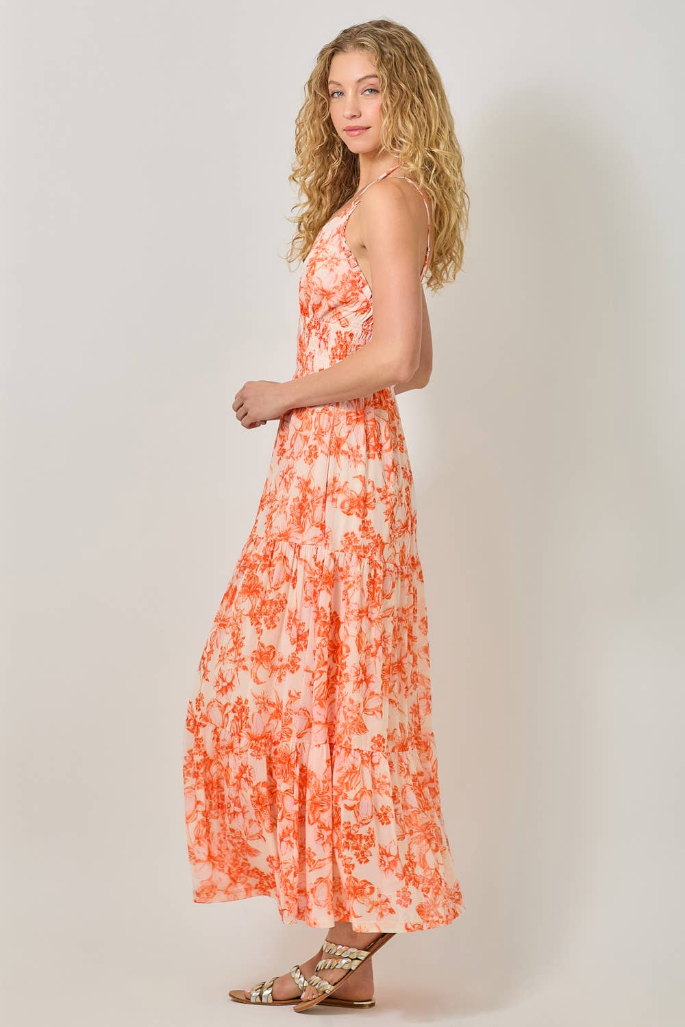 Mystree - 61048 Printed Mesh Long Tiered Dress: Ivory/Pale Blue / Medium