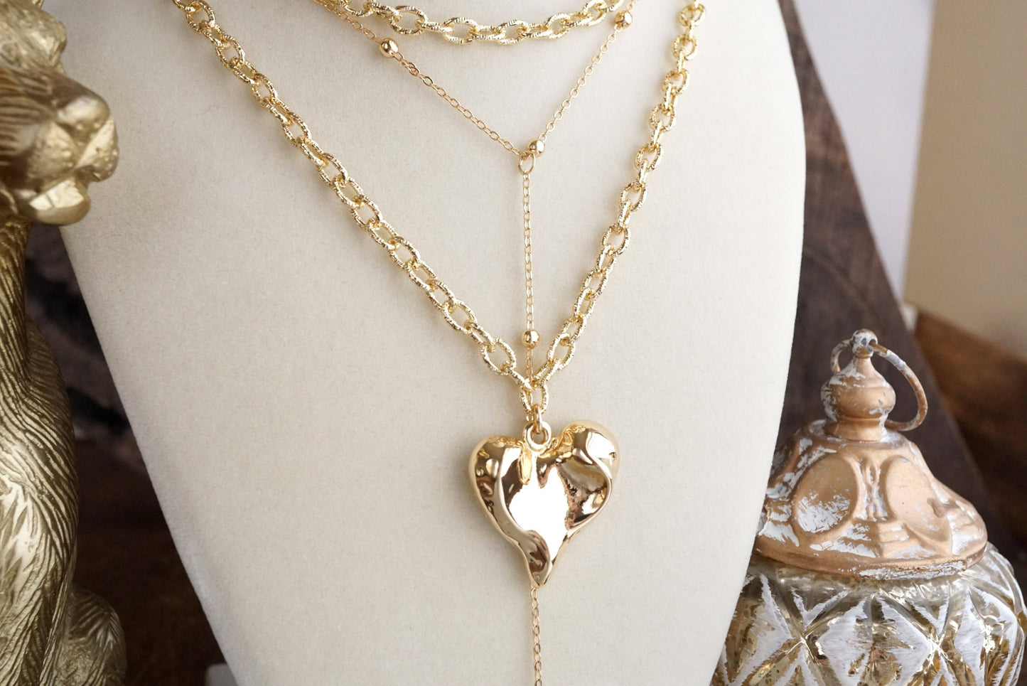 PennyLine inc - Flutter & Glow – Puffy Heart Lariat Layered Necklace in Gold