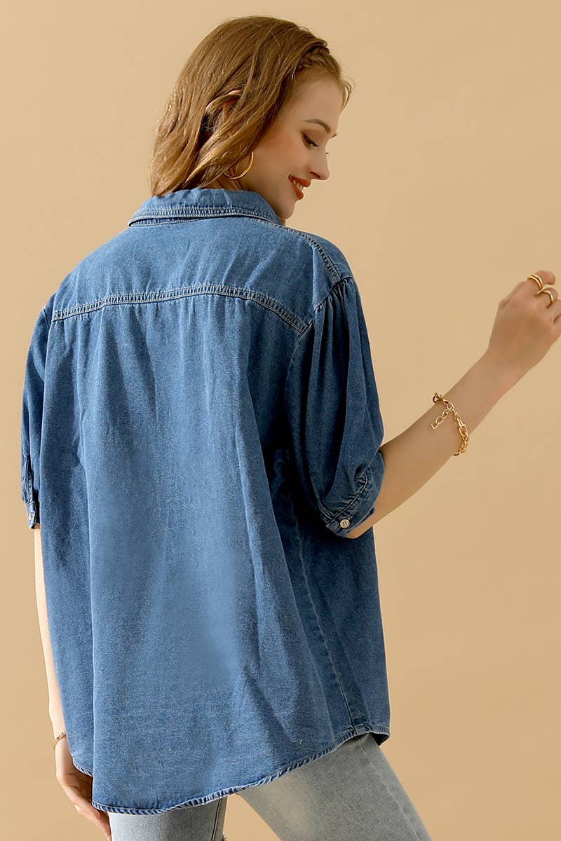 NINEXIS - CWJT0001-B_SHORT PUFF SLEEVE BUTTON DOWN DENIM SHIRTS: DENIM / (M) 1