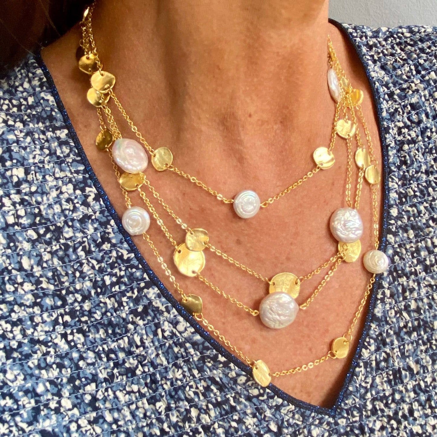 KARINE SULTAN - Chic Multi-Strand Coin & Flat Pearl Statement Necklace: Silver