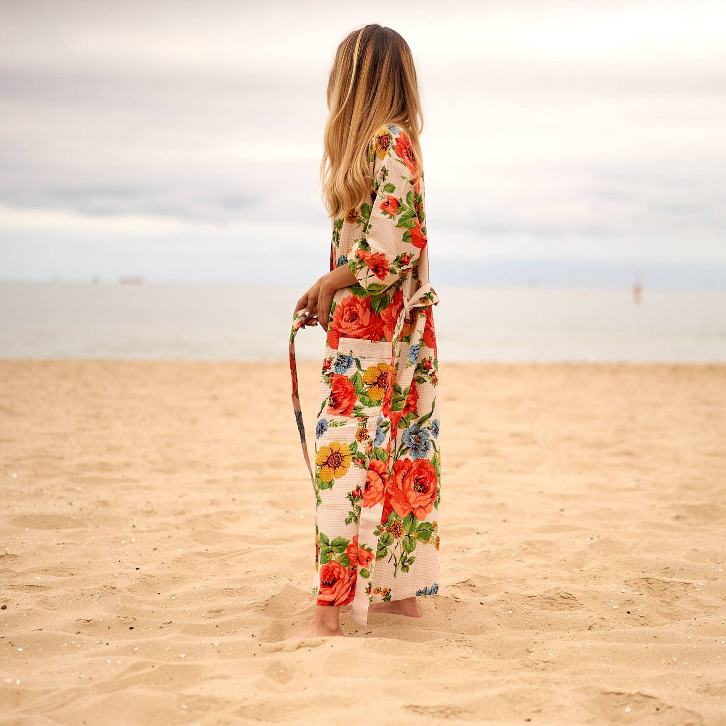 Linen Connections - Cotton Kimono Bathrobe Frida Waffle Robes Cream Floral Print