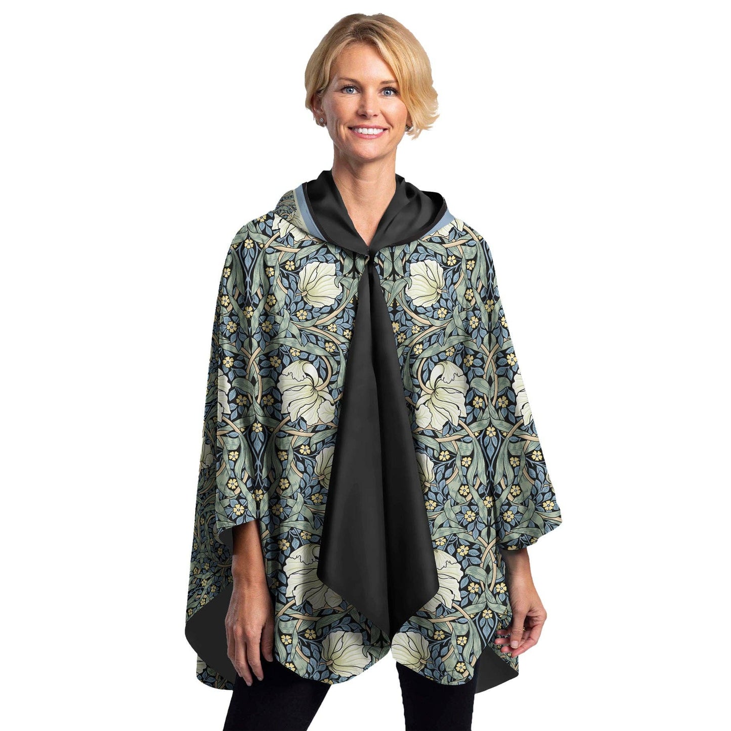 RainCaper - William Morris Pimpernel & Black Reversible Rain Cape Poncho – Hooded Womens Wrap