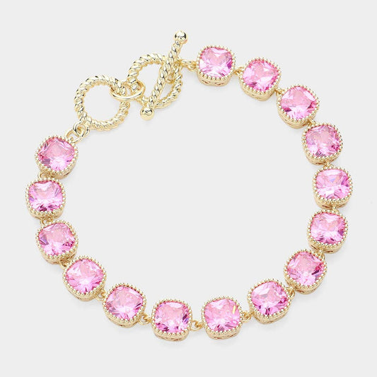 Sensibling Corp. - 14K Gold Plated Square CZ Stone Link Evening Toggle Bracelet: Pink