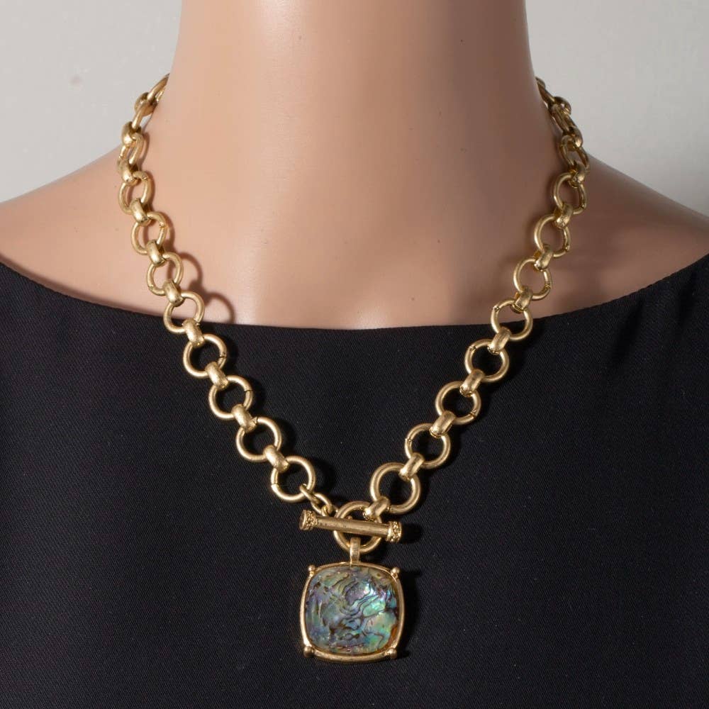 The Looks by Fame Accessories - Faceted Square Stone Pendant Necklace Set: MOP