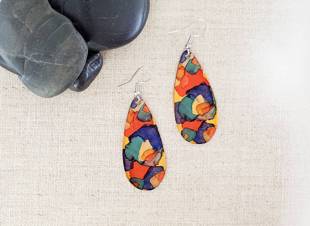 Covaly Artisan Jewelry - Alcohol Ink Medium Teardrop Earrings: Reds