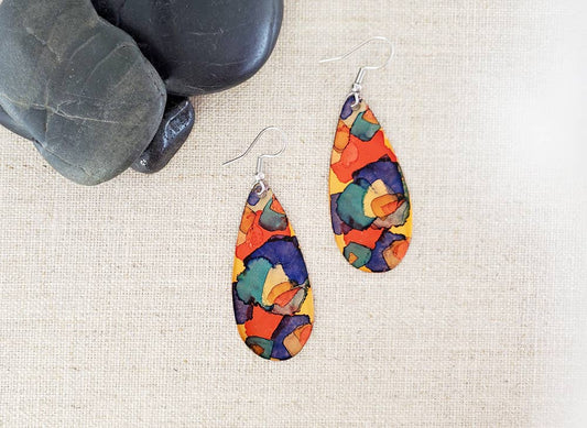 Covaly Artisan Jewelry - Alcohol Ink Medium Teardrop Earrings: Reds