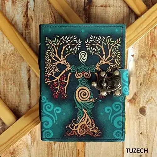 Tuzech Leather - Tree of Lady Leather Journal with Lock – Handmade Diary: 7 x 5 Inches / Green Lady