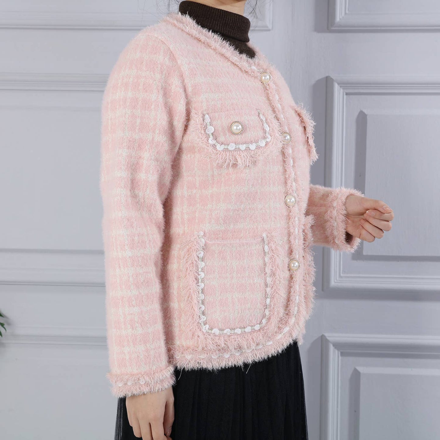 PEACH ACCESSORIES - SD187 Tweed soft cardigan: Black