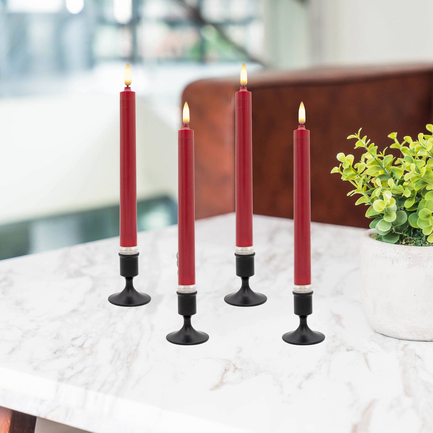 LumaBase - Battery Operated 3D Wick Flame Taper Candles, Red (Set of 4)
