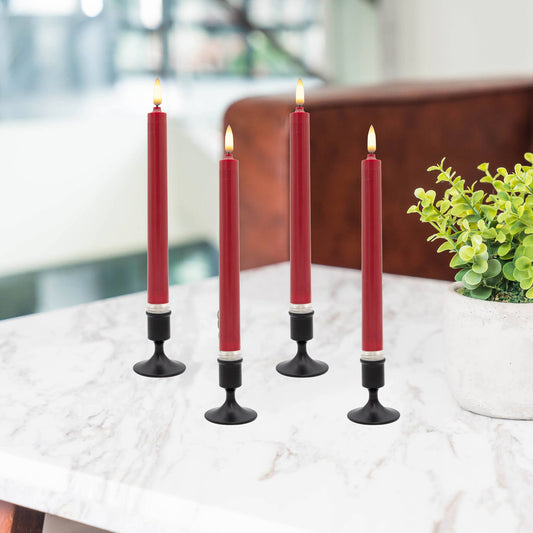 LumaBase - Battery Operated 3D Wick Flame Taper Candles, Red (Set of 4)