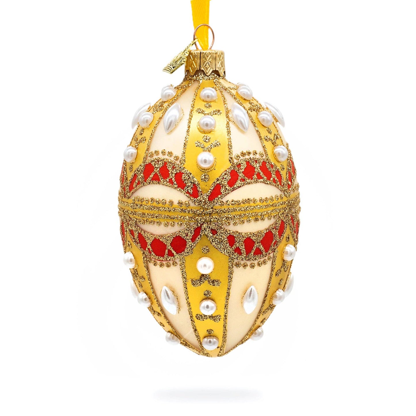 BestPysanky - Pearls on Gold and White Glass Egg Ornament