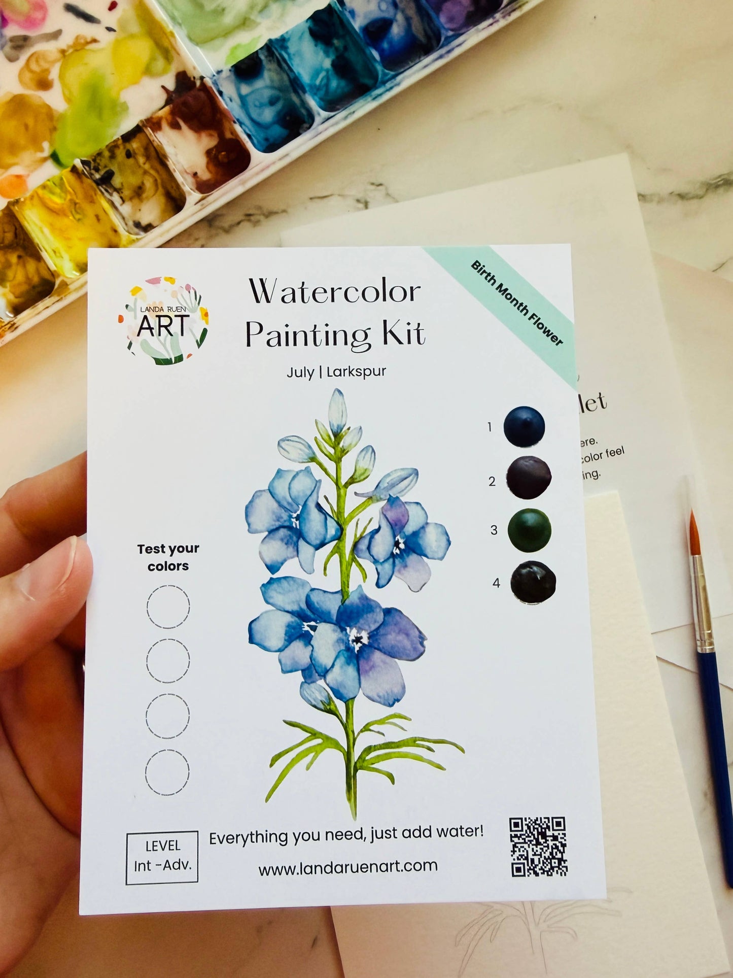 Landa Ruen Art - Larkspur Watercolor Kit | July Birth Month Flower