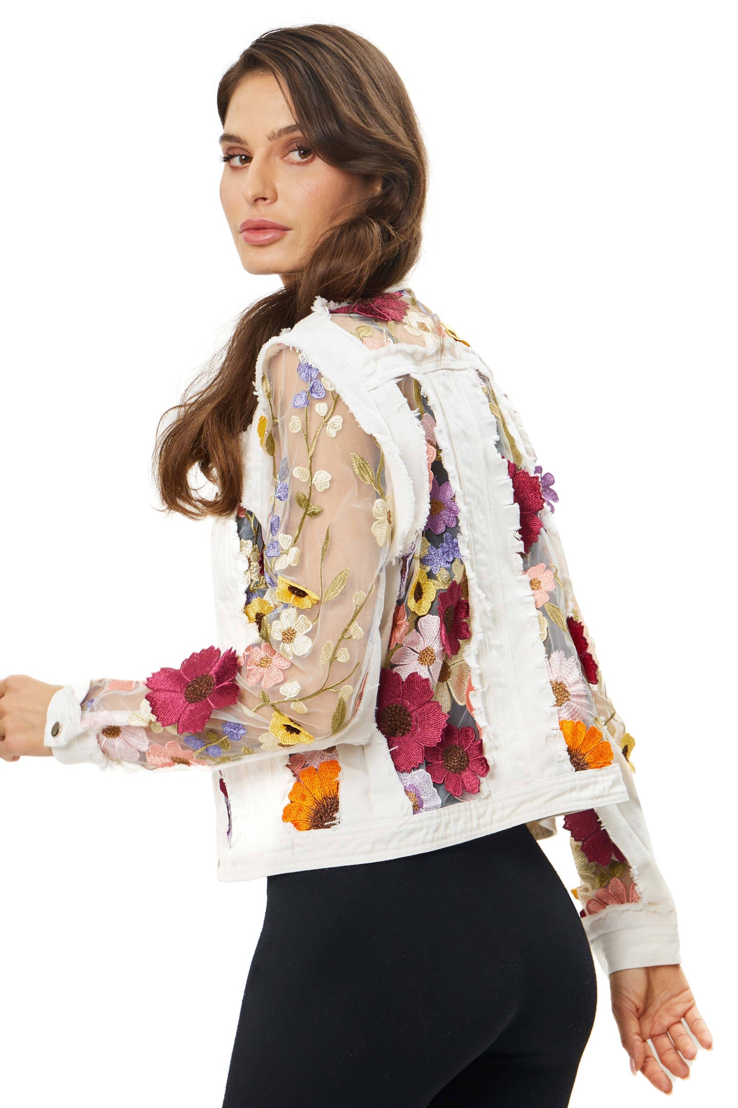 Adore - 2406W - White Denim Jacket with Floral Embroidery: S