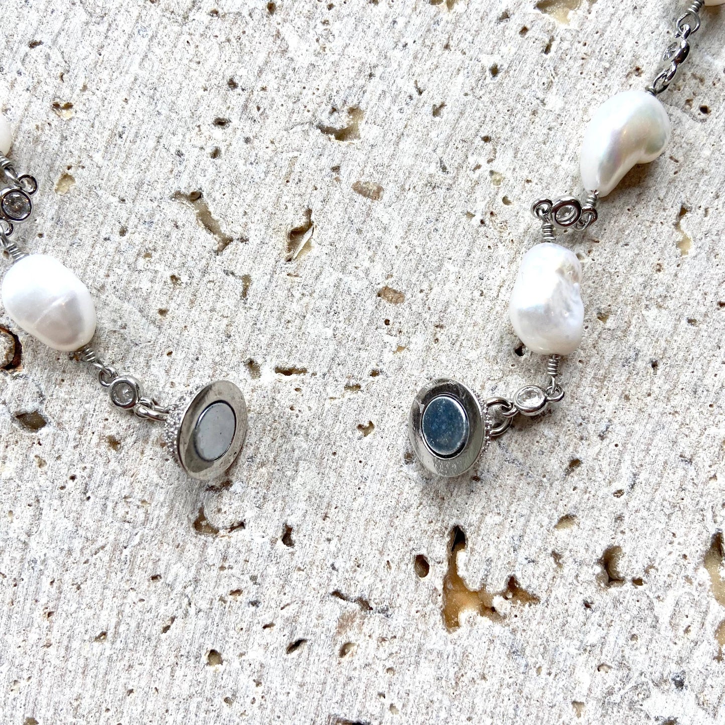 VB&CO Designs Handmade Jewelry - Magnetic genuine pearl necklace  boutique salon bridal ocean: Silver / 18”