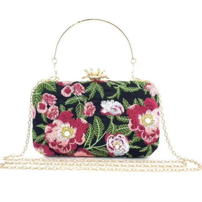 PEACH ACCESSORIES - OC4386 Floral embroidered clutch bag: Silver