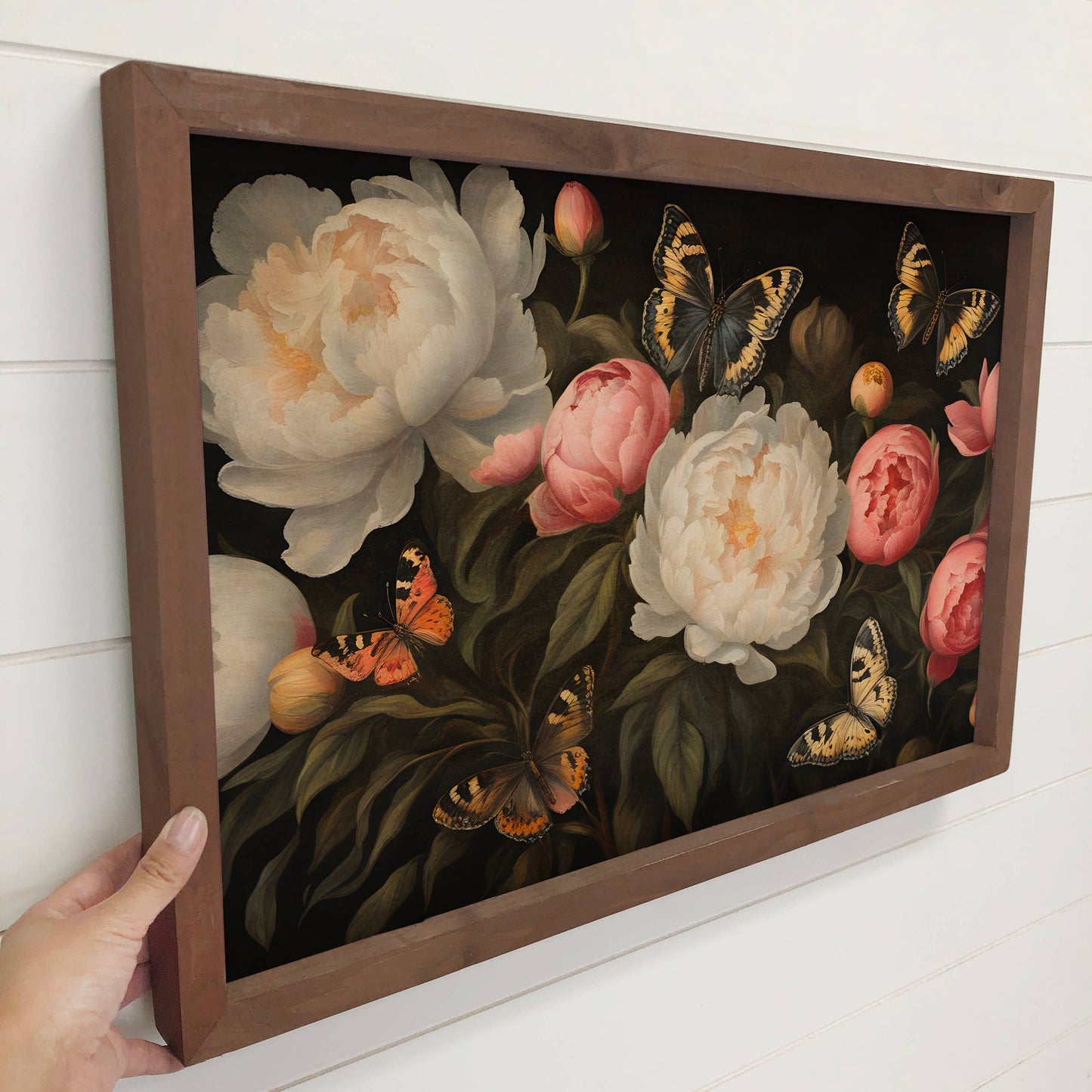 Hangout Home - Peonies Butterfly - Nature Canvas Art - Wood Framed Florals: 24x36" Extra Large Canvas Art with Thick Wood Frame