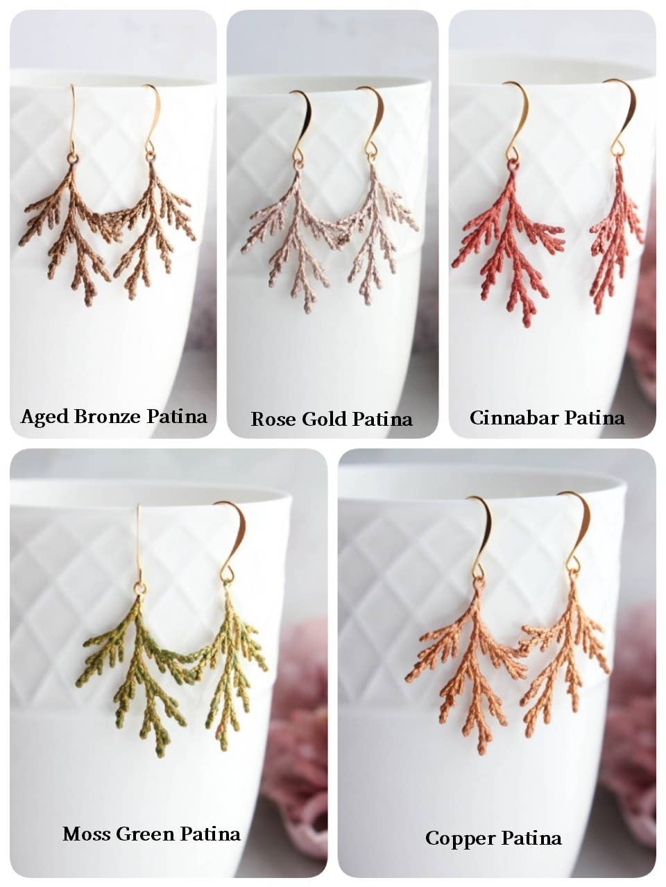 A Pocket of Posies - Cedar Branch Earrings (7 Finish Options): Moss Green Patina