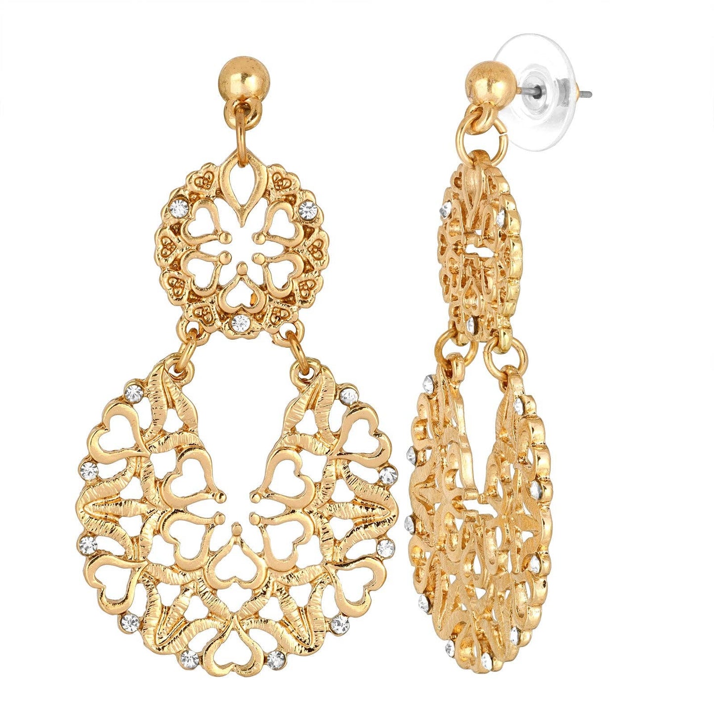 1928 Jewelry - 2028 Jewelry Heart Filigree Crystal Post Drop Earrings