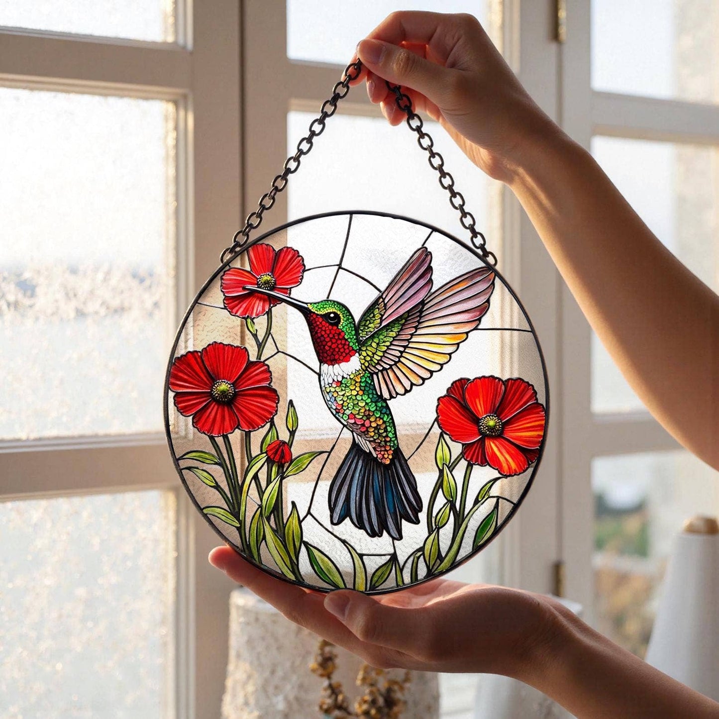 NVC Ecommerce LLC - Vibrant Bird and Poppy Stained Glass Suncatcher, Hummingbird: 11.8in